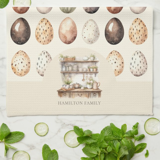 Cream & Brown Vintage Kitchen Family Name Tea Towel (Folded)