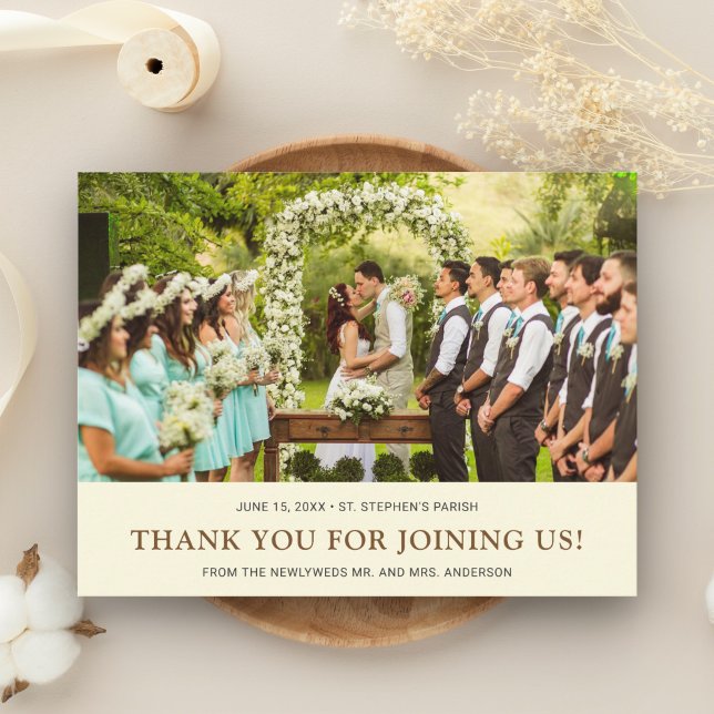 Cream Brown Wedding | Bride Groom Photo Thank You Announcement Postcard (Creator Uploaded)