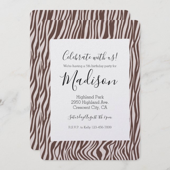 Cream Brown Zebra Print Birthday Invitation (Front/Back)