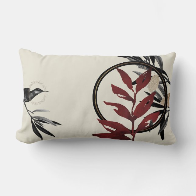 Cream Burgundy & Black Watercolor Leaves Lumbar Cushion (Front)
