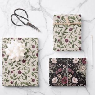 Cream Burgundy Flowers Bridal Shower Wrapping Paper Sheet