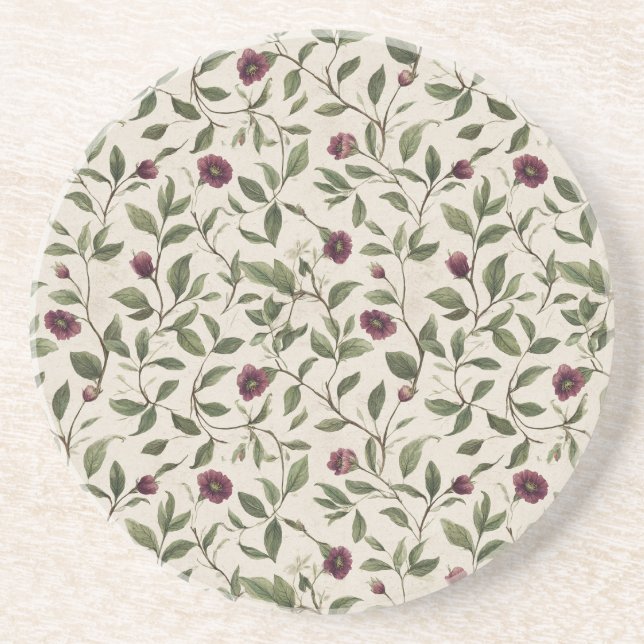 Cream Burgundy Flowers Coaster (Front)