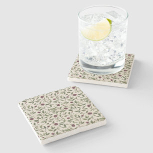 Cream Burgundy Flowers Stone Coaster