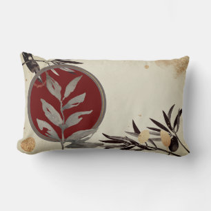 Cream Burgundy & Grey Artistic Watercolor Leaves Lumbar Cushion