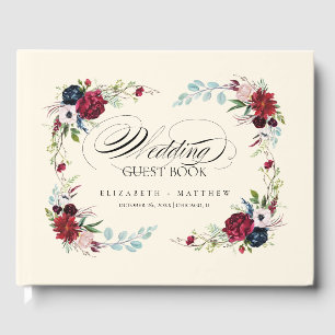 Cream   Burgundy   Navy Blue Floral Wedding Guest Book