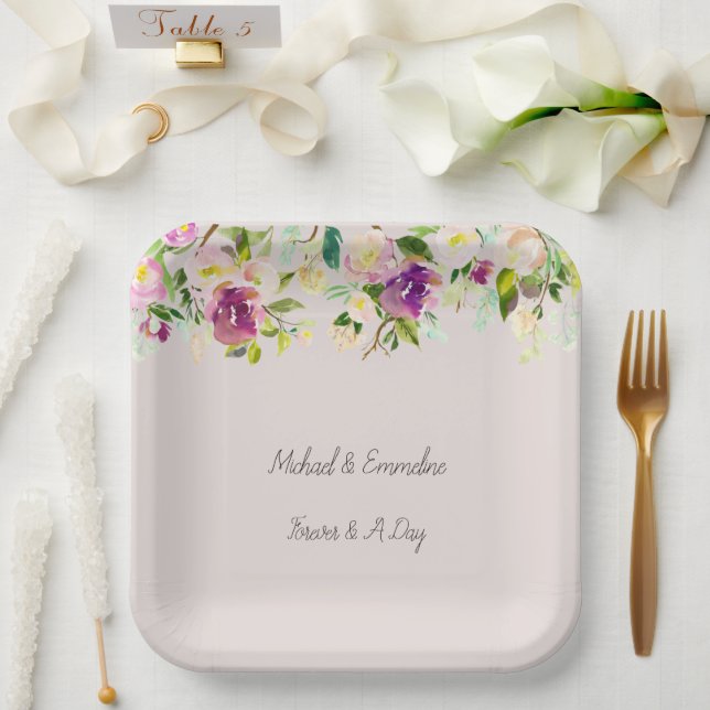Cream Burgundy Pink Floral Wedding Paper Plate (Wedding)
