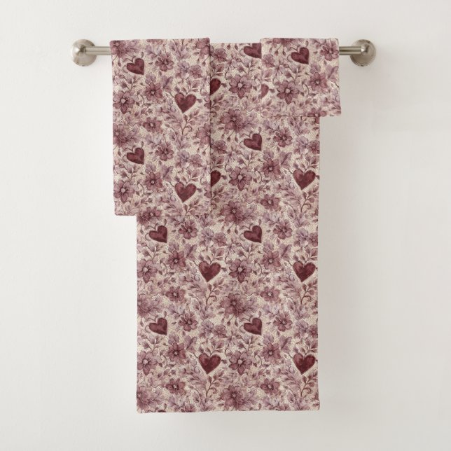 Cream Burgundy Red Hearts Flowers Bath Towel Set (Insitu)