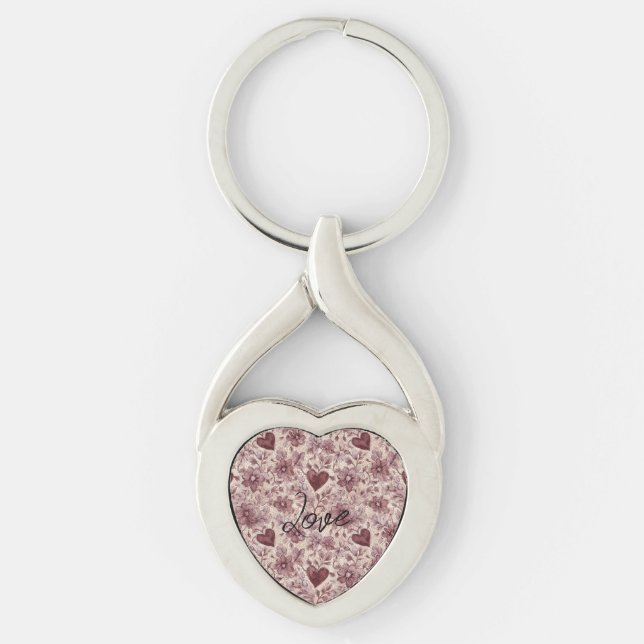 Cream Burgundy Red Hearts Flowers Key Ring (Front)
