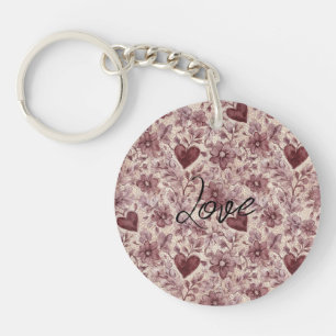 Cream Burgundy Red Hearts Flowers Key Ring