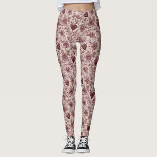Cream Burgundy Red Hearts Flowers Leggings