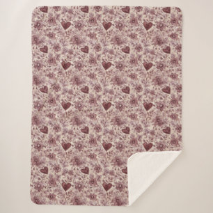 Cream Burgundy Red Hearts Flowers Sherpa Blanket