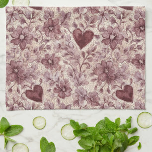 Cream Burgundy Red Hearts Flowers Tea Towel
