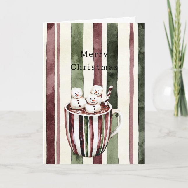 Cream Burgundy Red Stripes Christmas Snowmen Cup Card (Front)