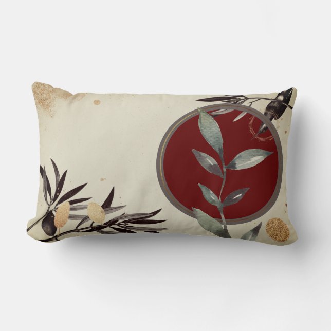 Cream & Burgundy Watercolor Botanical Design Lumbar Cushion (Front)