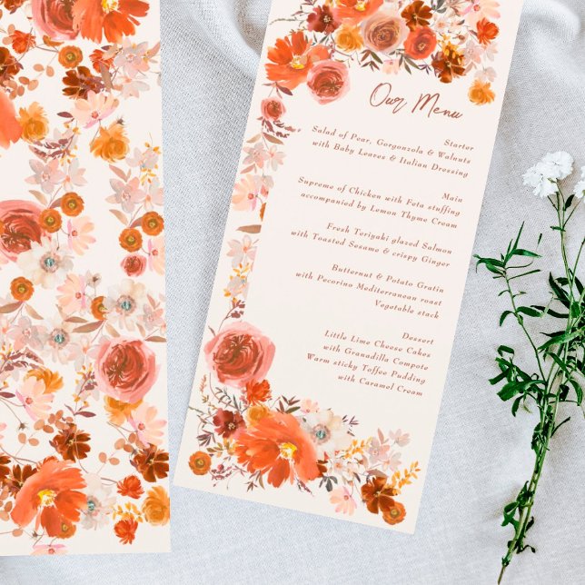 Cream Burnt Orange Floral Boho Bouquet Wedding Menu (Creator Uploaded)