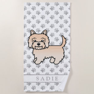 Cream Cairn Terrier Cute Cartoon Dog & Name Beach Towel