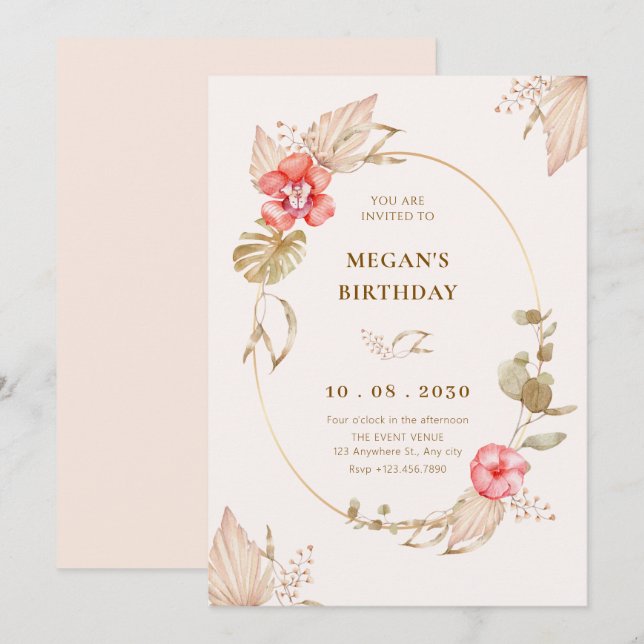 Cream calm floral elegant birthday invitation (Front/Back)