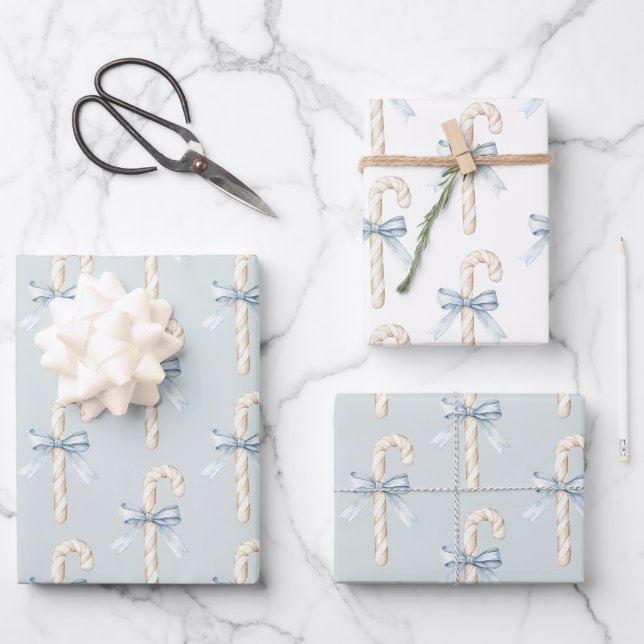 Cream Candy Canes Blue Bow Christmas Wrapping Paper Sheet (Front)
