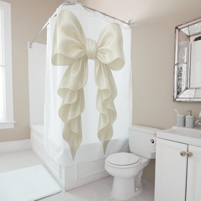 Cream Cascade Ruffle Bow Elegant Posh Girly Shower Curtain (In Situ)