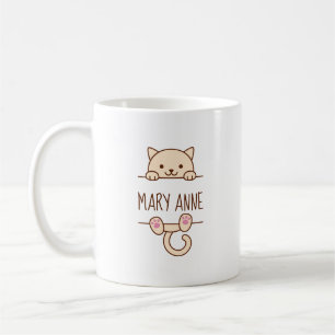 Cream Cat Peeking behind Custom Name Coffee Mug