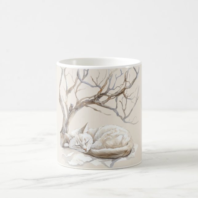 Cream Cat Under Tree Branches Coffee Mug (Center)