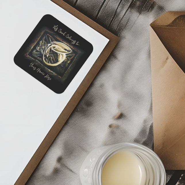 Cream Celtic Art Dragon Fantasy Bookplate Square Sticker (Creator Uploaded)