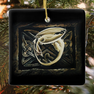 Cream Celtic Art Dragon Fantasy Ceramic Ornament