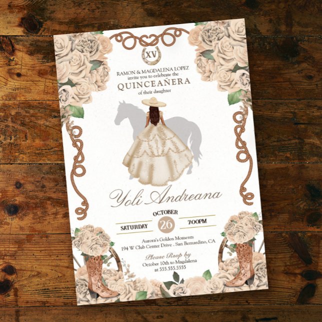 Cream Champagne Rose Charro Vestidos Quinceanera Invitation (Creator Uploaded)