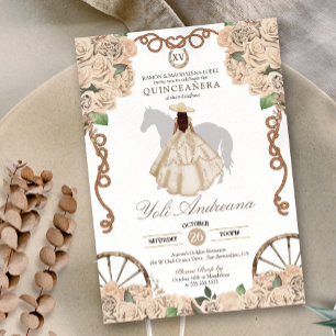 Cream Champagne White Rose Charra Quinceanera Invitation