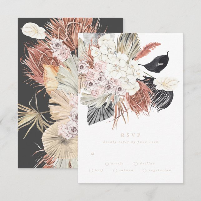 Cream Charcoal Pampas Grass Floral Jungle Wedding RSVP Card (Front/Back)