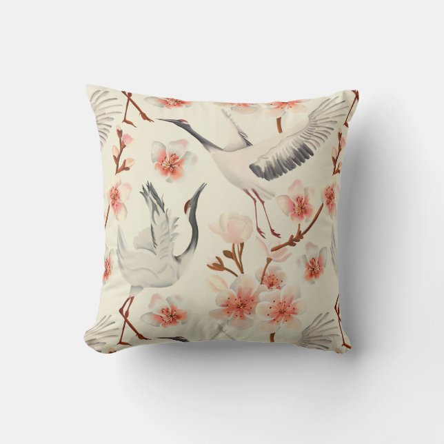 Cream Cherry Blossom Japanese Cranes Pattern Cushion (Front)