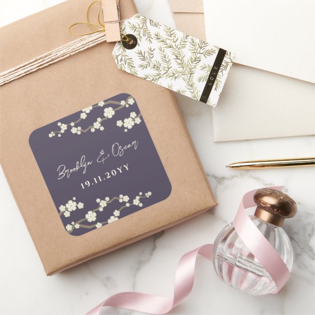 Cream Cherry Blossoms White Sakura Purple Wedding Square Sticker (Gifting)