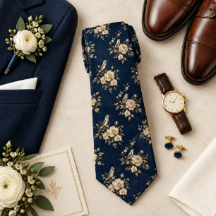 Cream Chinoiserie Bird and Peony on Indigo Navy Tie