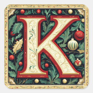 Cream & Christmas Red Letter K with Greenery Square Sticker