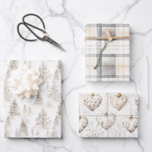 Cream Christmas Trees Hearts Plaid Stripes Wrapping Paper Sheet