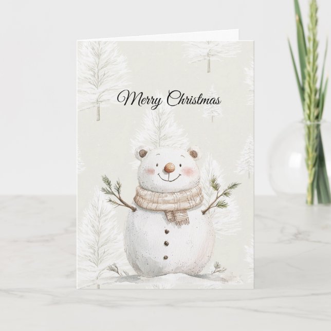 Cream Christmas Trees Snowman Card (Front)