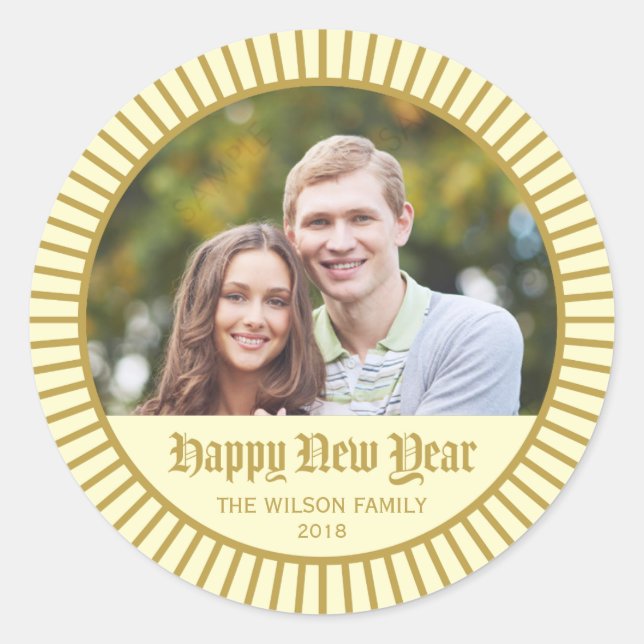 Cream Classic Decorative Happy New Year Photo Round Sticker (Front)
