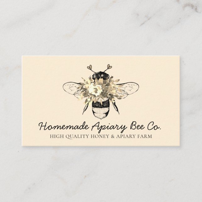 Cream Classy Heart Gold Floral Apiary Honey Bee Business Card (Front)