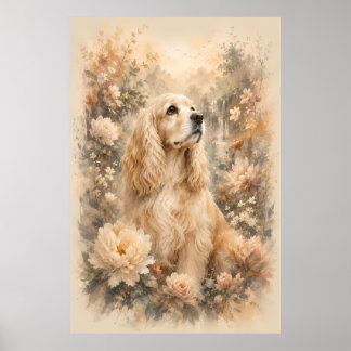 Cream Cocker Spaniel Floral Watercolor | Elegant D Poster