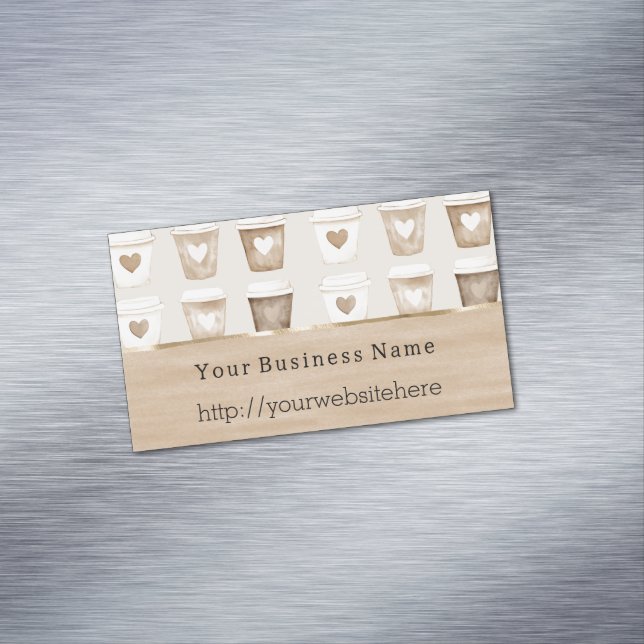 Cream Coffee Heart Cups Business name website Magnetic Business Card (In Situ)