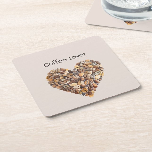 Cream Coffee Heart Cups Square Paper Coaster (Angled)