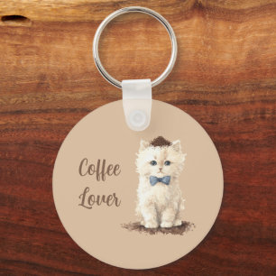 Cream Coffee Lover White Cat Blue Bow Bean Key Ring
