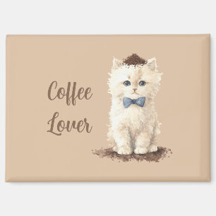Cream Coffee Lover White Cat Blue Bow Magnet