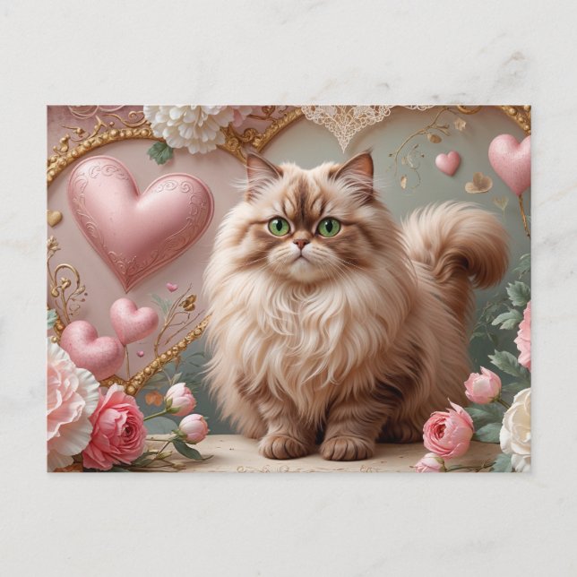 Cream Colour Valentine's Day Persian Cat and Heart Holiday Postcard (Front)