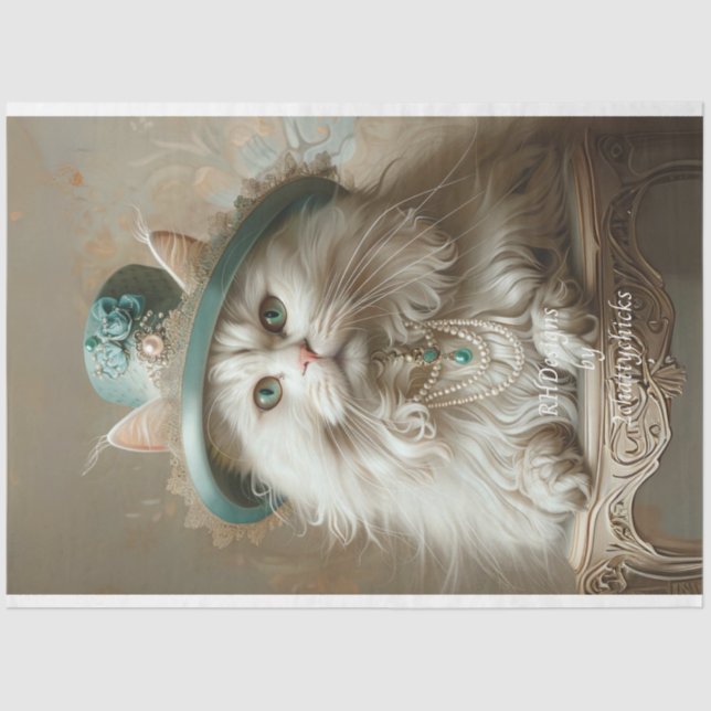 Cream Coloured Cat Teal Hat Pearls Decoupage Tissue Paper (Front)