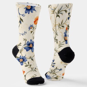 Cream-coloured socks with intricate blue and orang