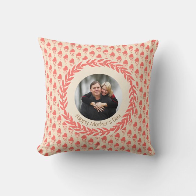 Cream Coral Peach Hearts PHOTO Mother's Day Cushion (Front)