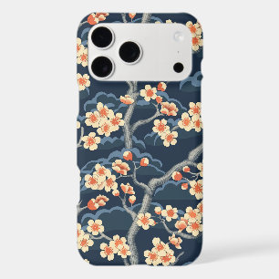 Cream Coral Sakura Navy Blue Floral Pattern