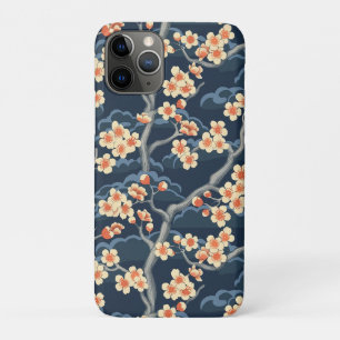 Cream Coral Sakura Navy Blue Floral Pattern iPhone 11 Pro Case