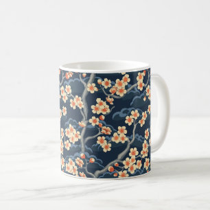 Cream Coral Sakura Navy Blue Floral Pattern Coffee Mug